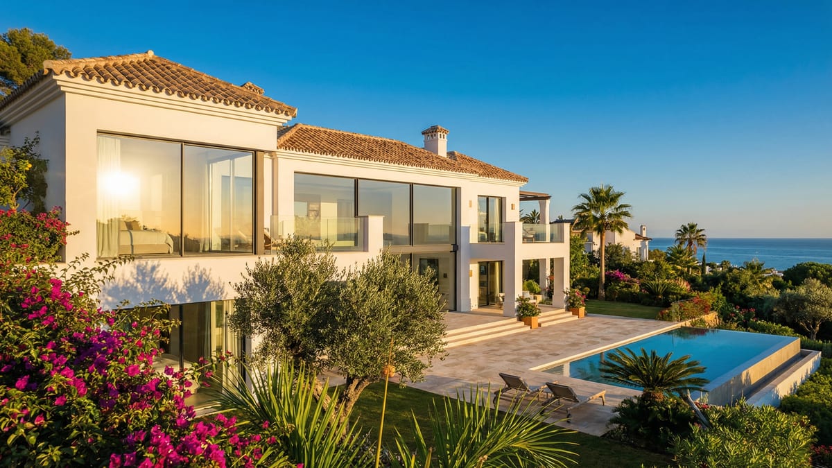 Modern mediterrán villa a Costa del Solon, fehér vakolatú falakkal és terrakotta tetőcserepekkel, a háttérben a Földközi-tenger.