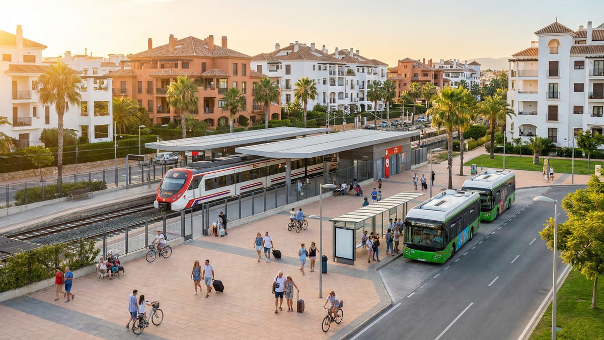 Panorámás kép a Costa del Sol modern városképéről, ahol a C1 Cercanías vonatállomás és elektromos buszmegálló látható, emberekkel a közlekedési rendszeren.