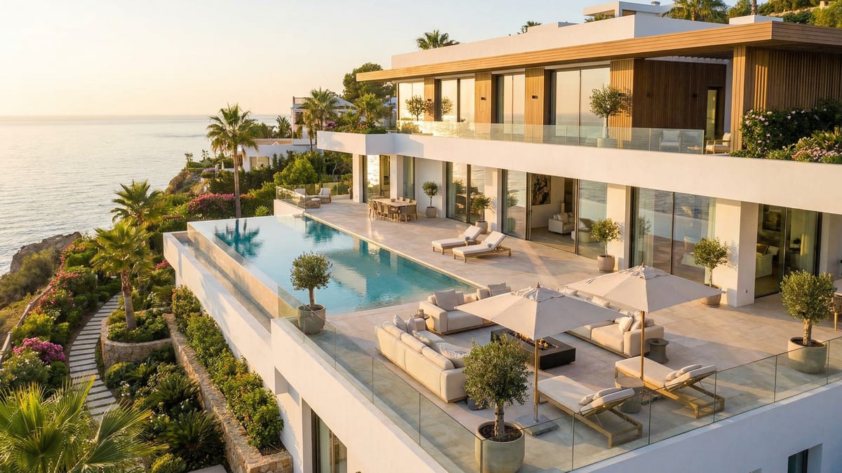 Luxusmárkás rezidencia a Costa del Solon, modern építészeti elemekkel, lenyűgöző végtelen medencével és gyönyörű kertekkel, a Földközi-tengerre nézve.