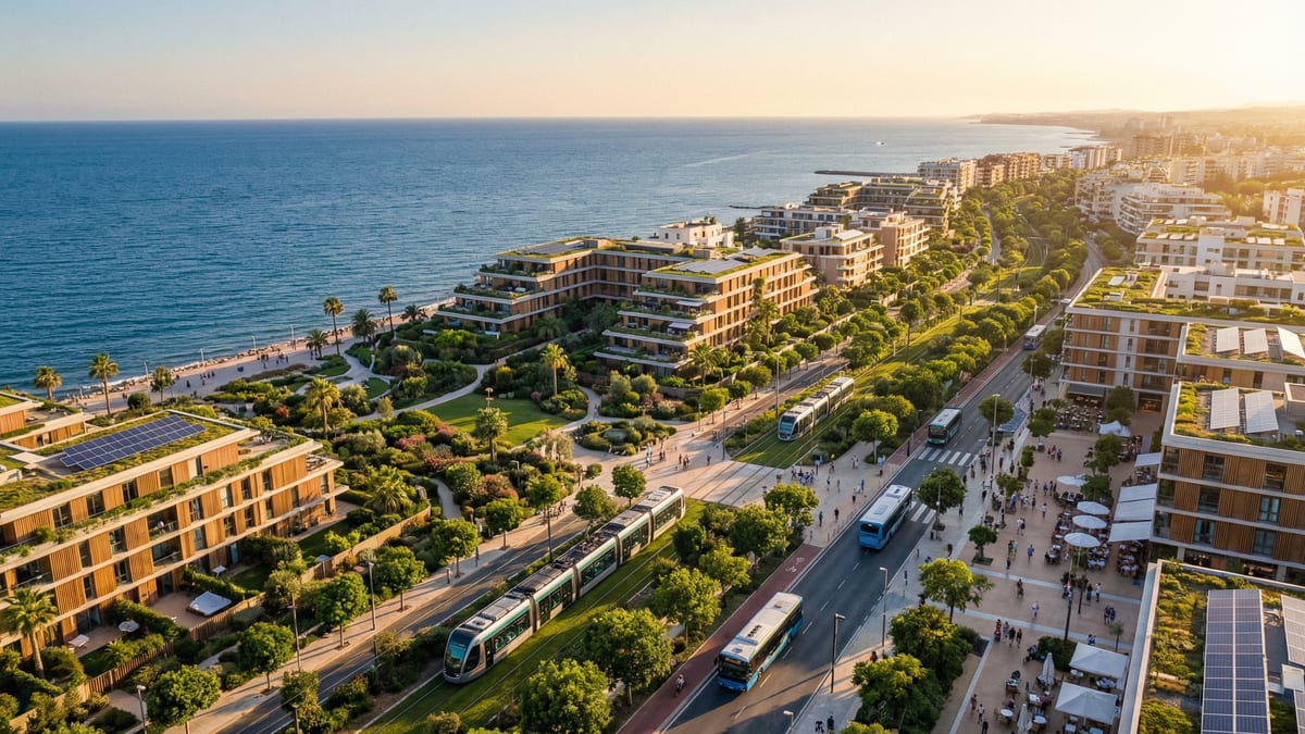 Légifelvétel a Costa del Sol partvidékéről, modern, környezetbarát lakóépületekkel és zöld területekkel, jól kapcsolódó tömegközlekedési rendszerekkel.