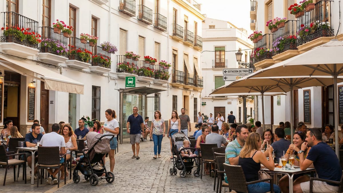Málaga Centro vibráló utcai jelenete, gyalogos életstílust bemutatva, fehérre meszelt épületekkel és virágos cserepekkel a Costa del Solon.