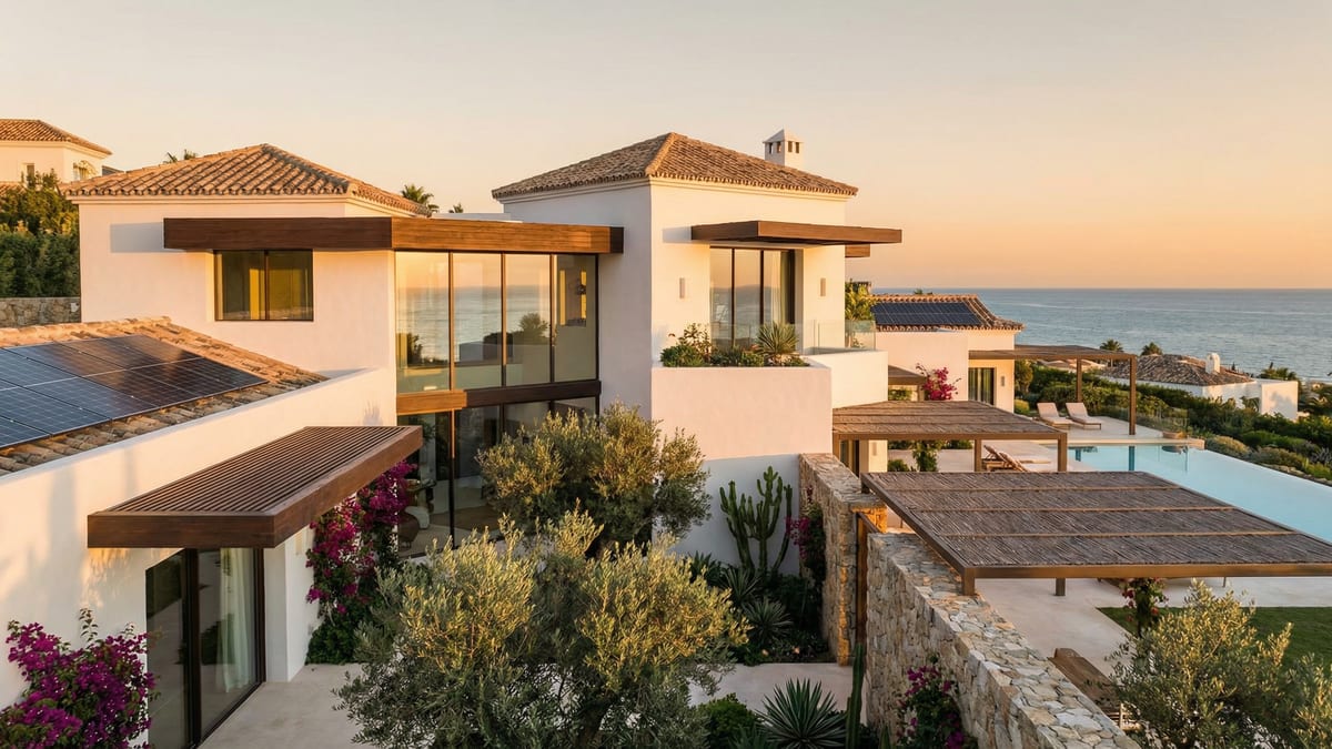 Modern mediterrán villa a Costa del Sol-on, mely ötvözi a hagyományos spanyol építészetet a kortárs designnal, gyönyörű udvarral és terasszal.