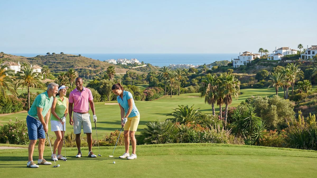 Napfényes golfpálya a Costa del Sol-on, zöld fairwayekkel és pálmákkal, ahol különböző emberek barátságos golfpartit játszanak.