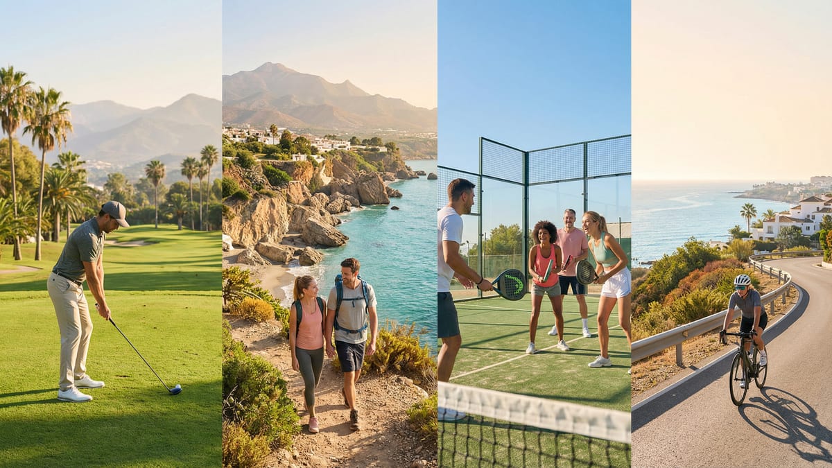 En livlig udendørs scene fra Costa del Sol med sportudøvere: en golfer, vandrere, padel-spillere og en cyklist under den gyldne morgenlys.