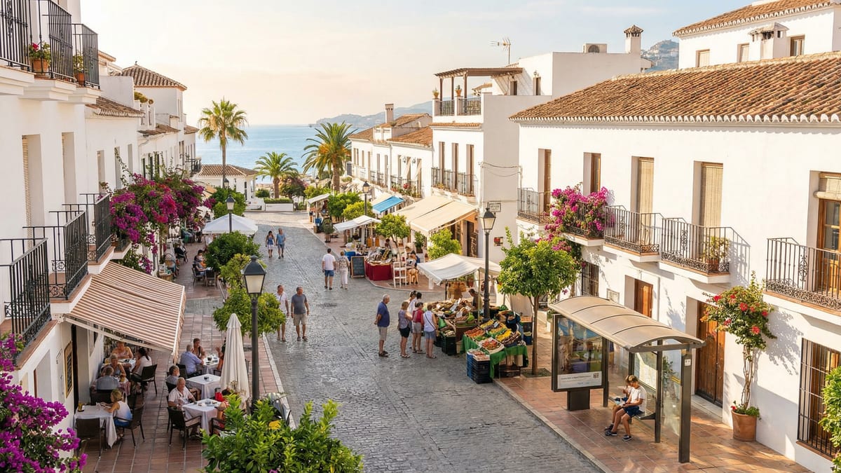 Livlig gade i Costa del Sol med mennesker, der nyder en bilfri livsstil blandt hvidkalkede bygninger og farverige tage.