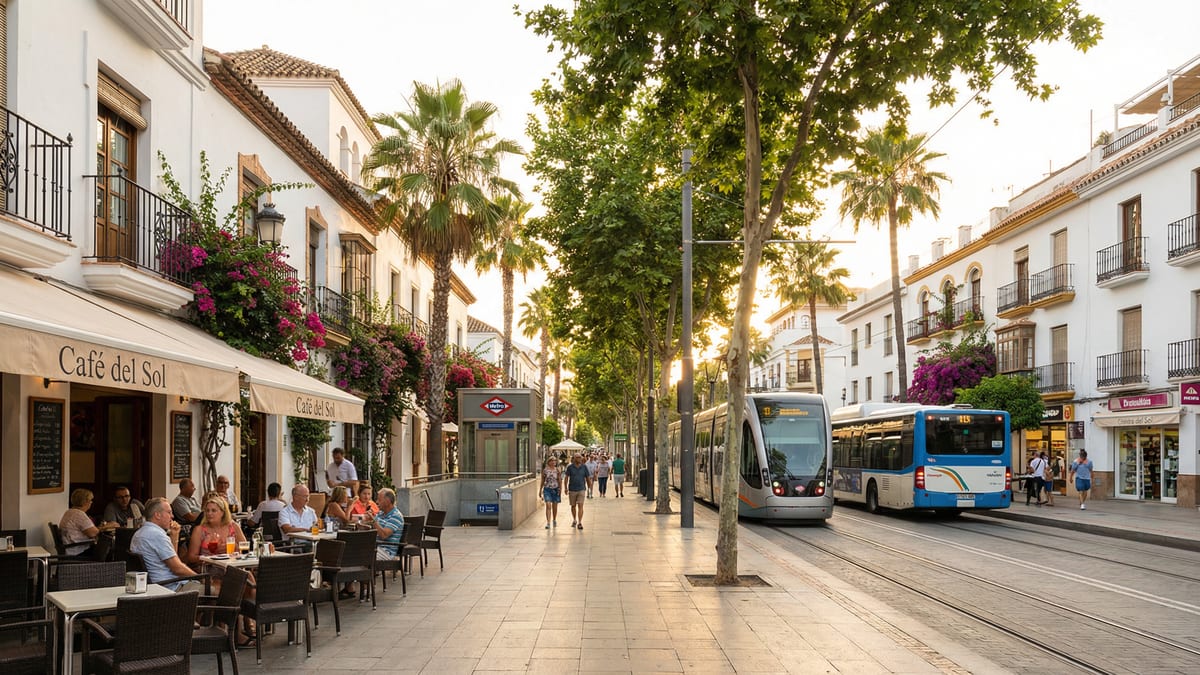 En livlig gata på Costa del Sol med människor som njuter av kaffe utomhus, palmträd, medelhavshus och offentliga transportalternativ.