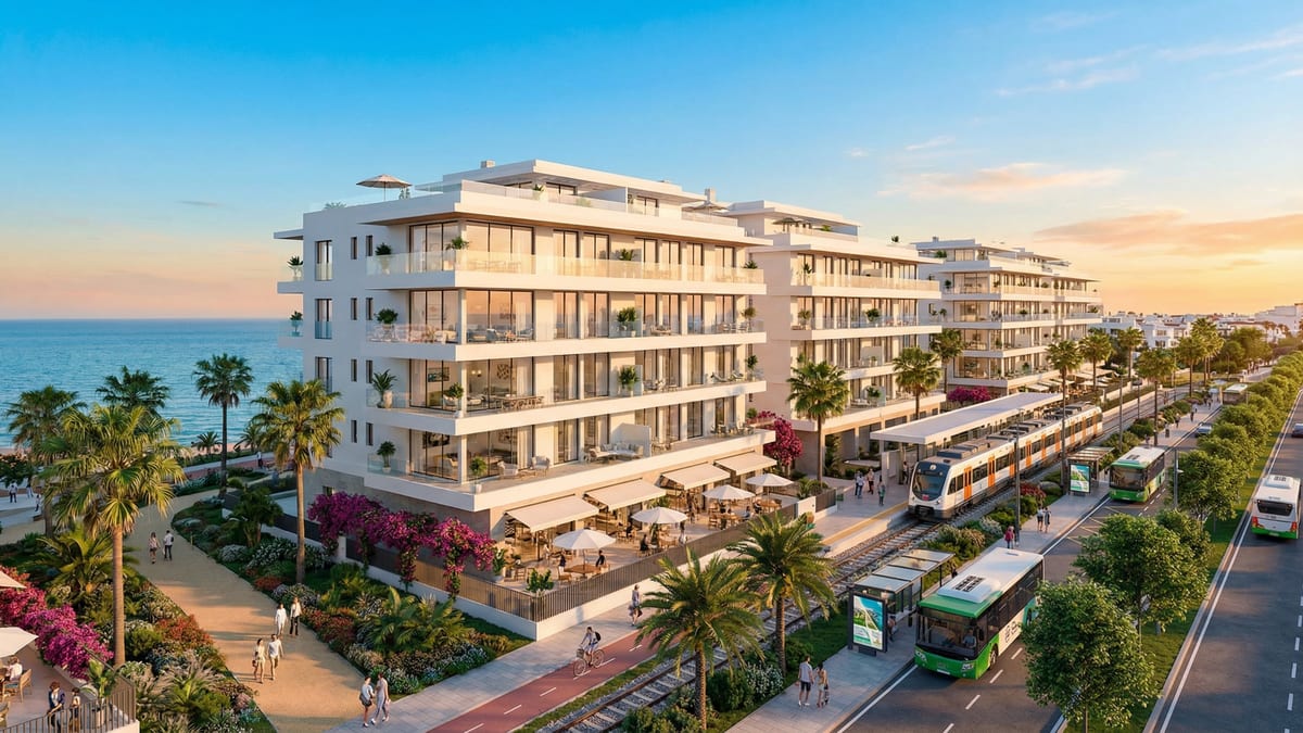 Moderni asuinkompleksi Costa del Solilla, lähellä julkista liikennettä, merinäköala, vehreät kävelyreitit ja ihmisiä nauttimassa ulkoilmasta.