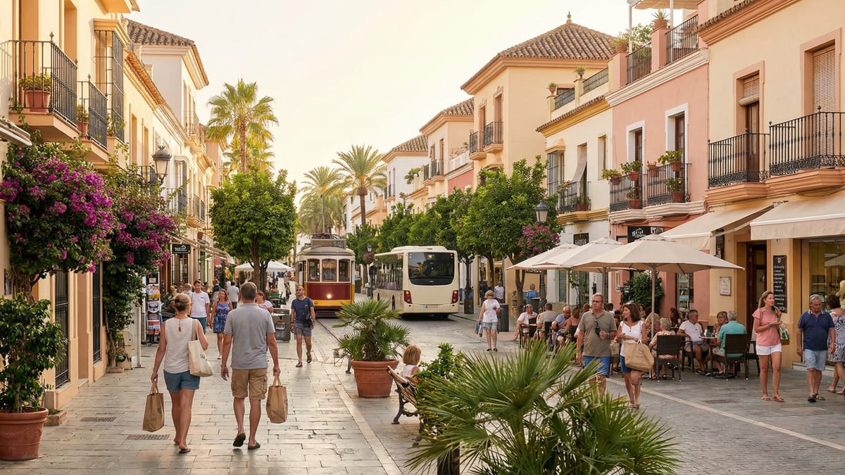 Aurinkoinen kävelykatu Costa del Solilla, jossa on värikkäitä välimerellisiä rakennuksia, ihmisiä ulkoilmakahviloissa ja julkisen liikenteen vaihtoehtoja.