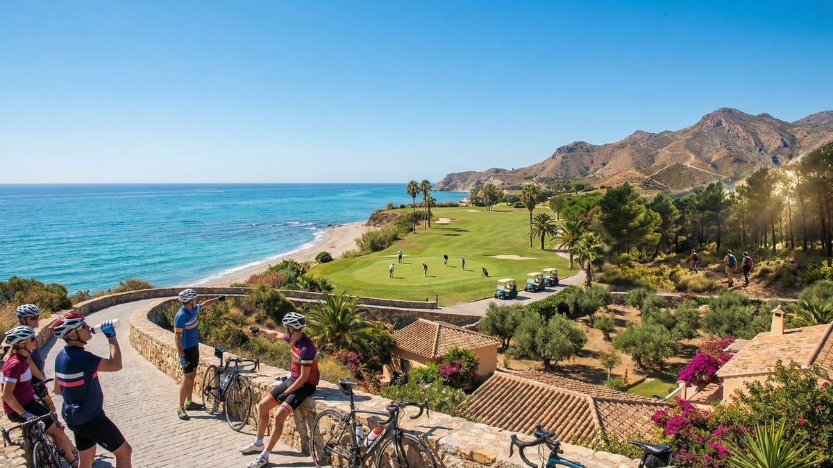 Panoramautsikt over Costa del Sol med en golfbane, syklister på kyststien og fotturere i fjellene, som viser utendørs livsstil i perfekt klima.