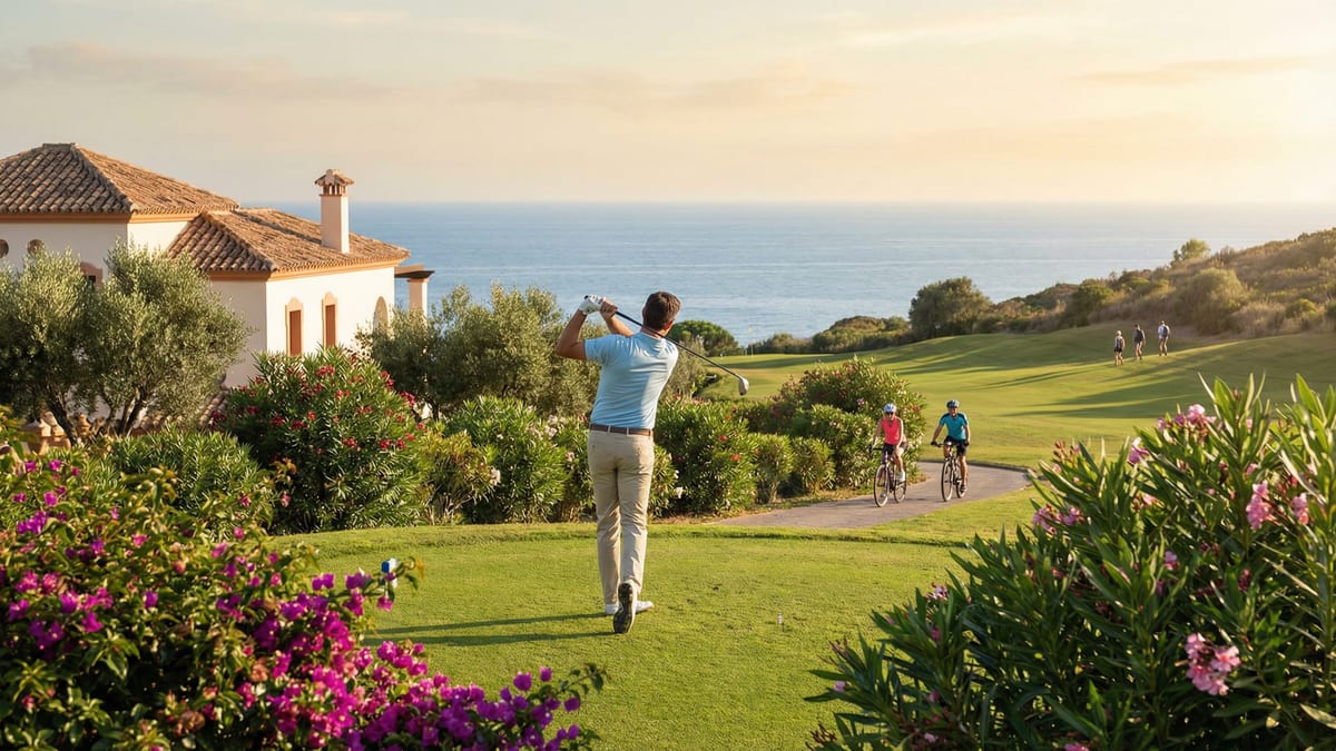 En golfare i stiliga sportkläder slår på en golfbana vid Costa del Sol, med Medelhavet i bakgrunden och cyklister i fjärran.