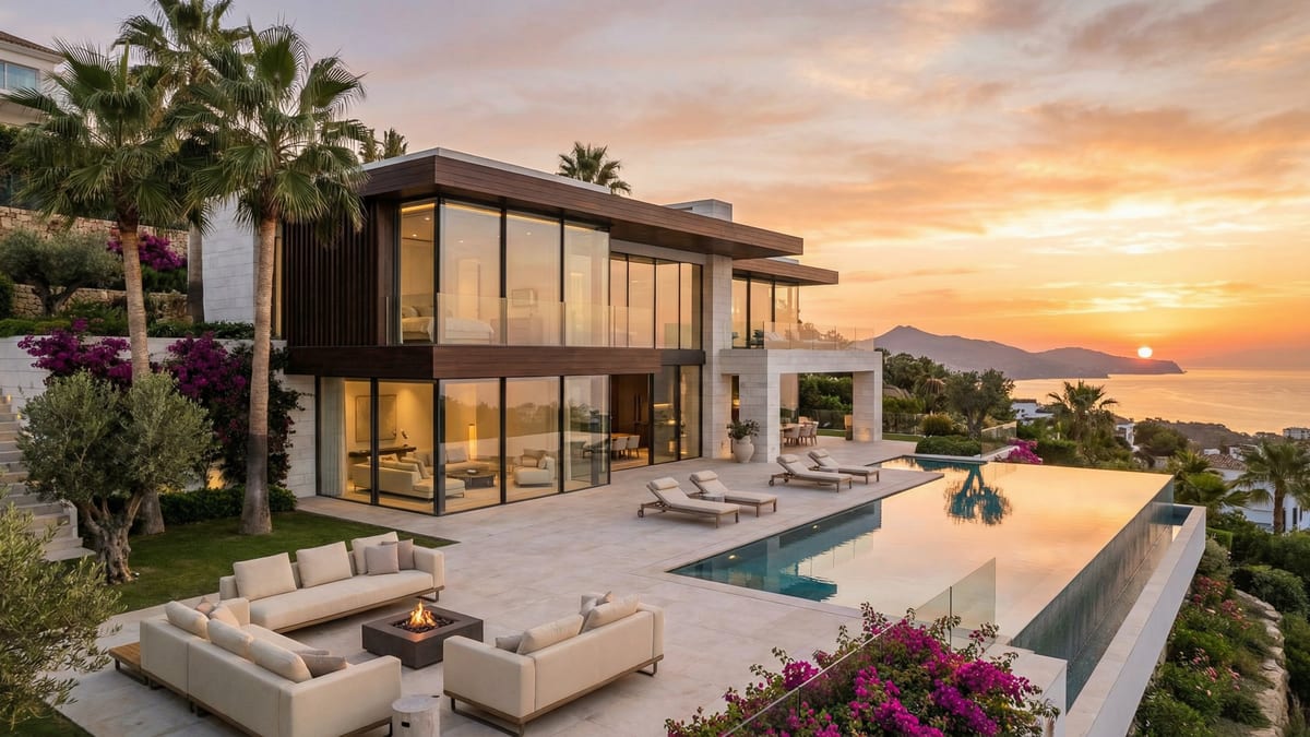 Luxusvilla a Costa del Solon, modern építészettel, panorámás kilátással a tengerpartra és hegyekre, mediterrán kertekkel és medencével.