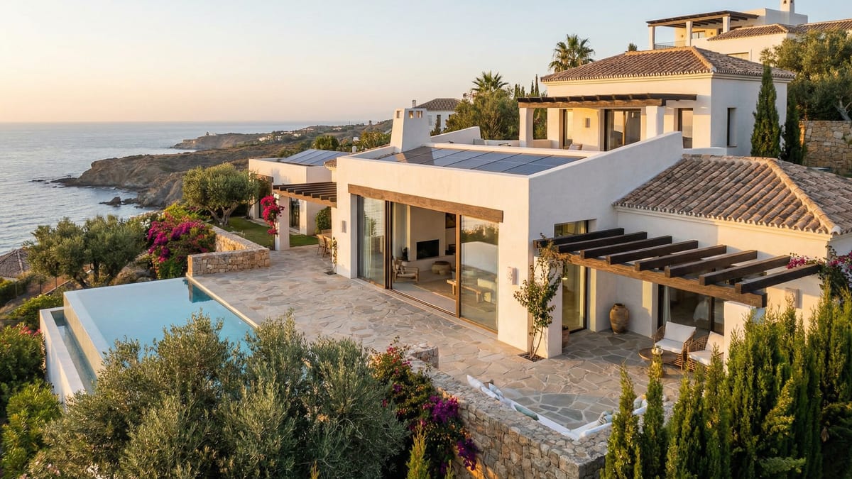 Modern mediterrán villa a Costa del Solon, fehér falakkal, üvegablakokkal és terasszal, gyönyörű tengerparti kilátással.