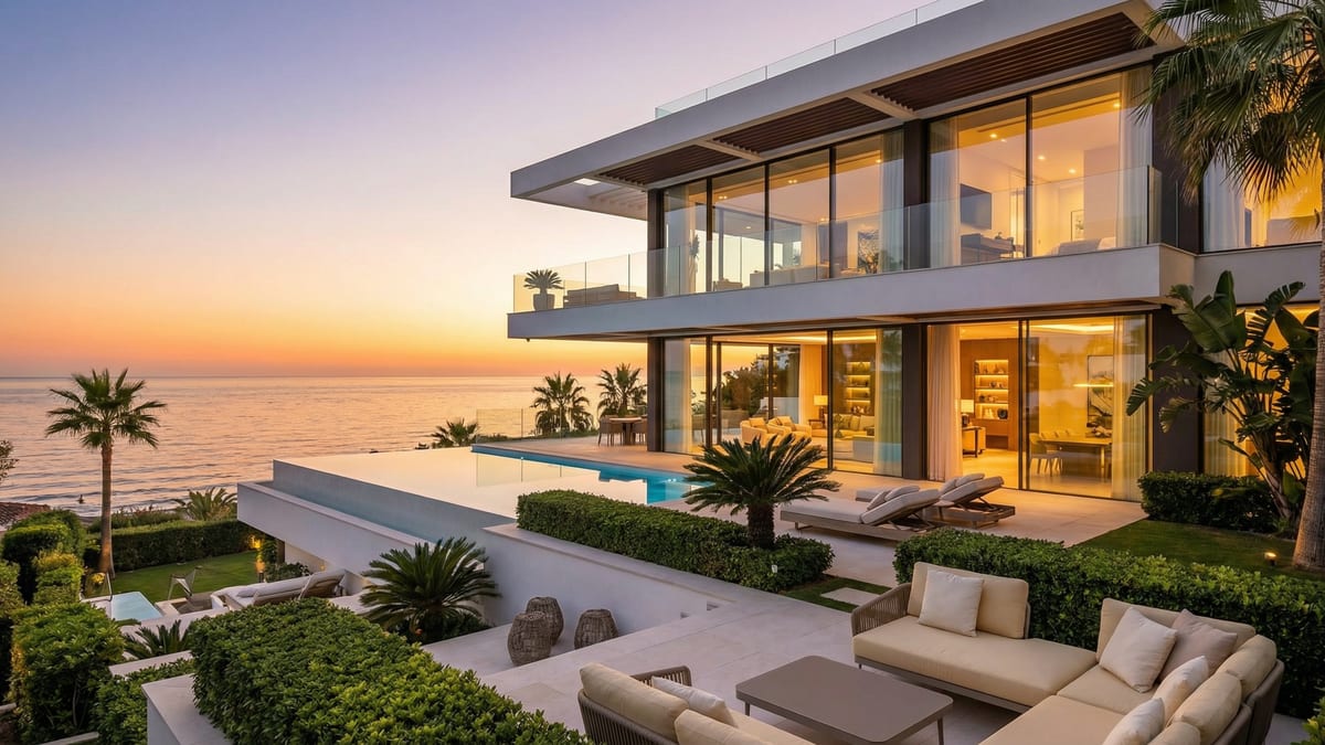 Luxus tengerparti ingatlan Puerto Banúsban, Costa del Solon, modern építészettel és végtelen medencével, gyönyörű naplementében.