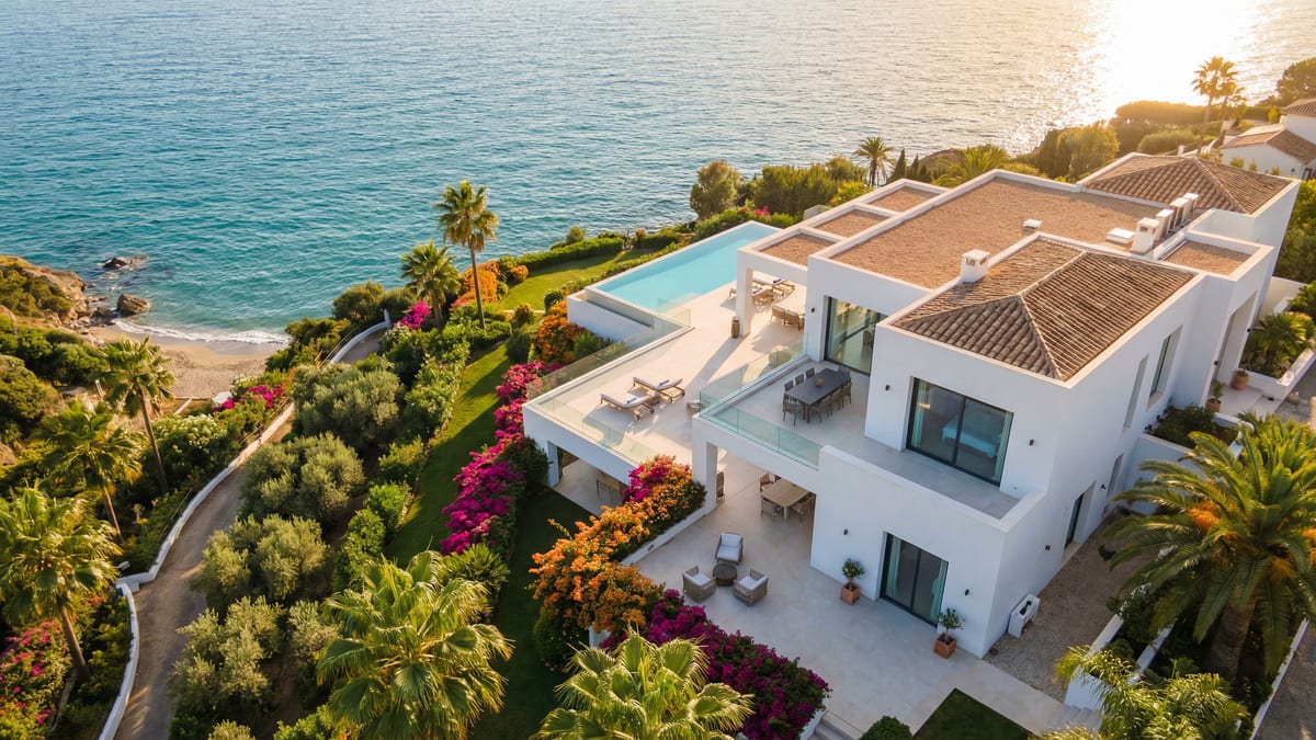 Légi felvétel egy luxus Costa del Sol-i ingatlanról, modern mediterrán építészettel, tágas terasszal és gyönyörű kertekkel.