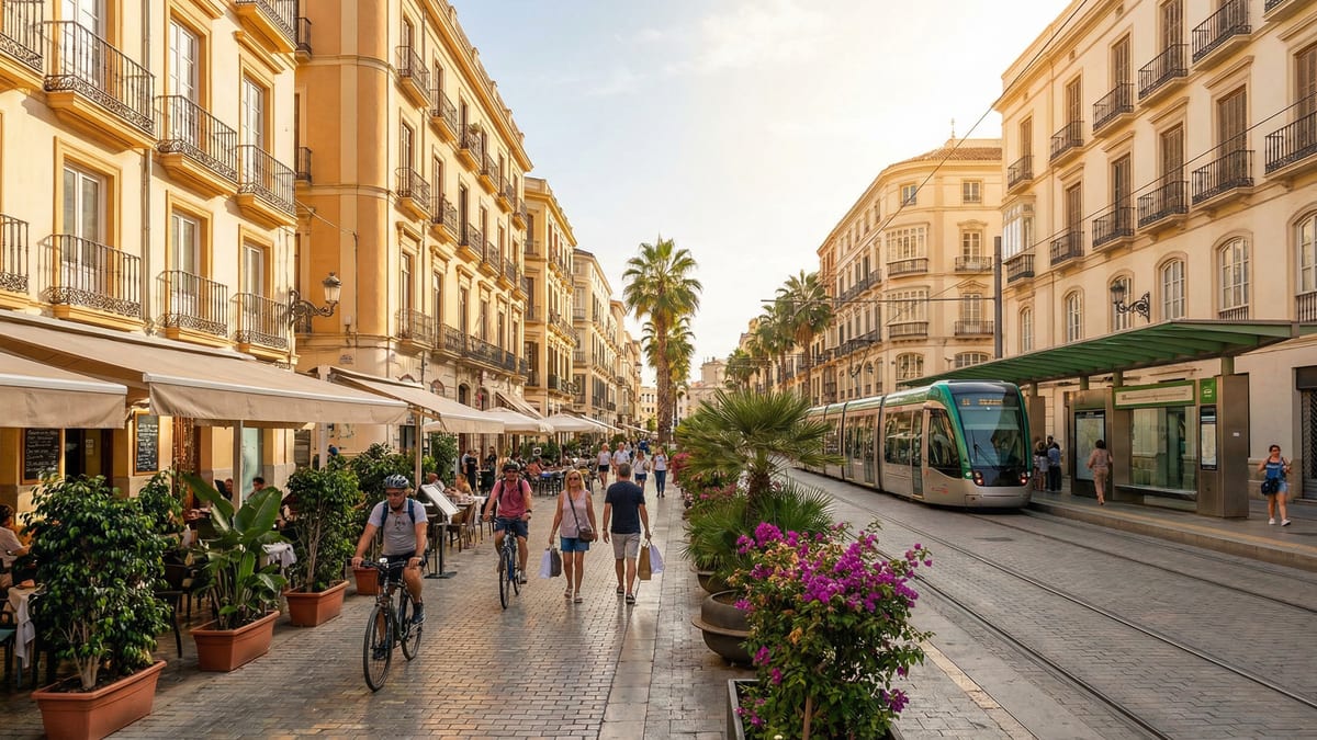 Vibrant street scene in Málaga Centro showcasing a pedestrian-friendly environment with cafes, green spaces, and people enjoying car-free living.
