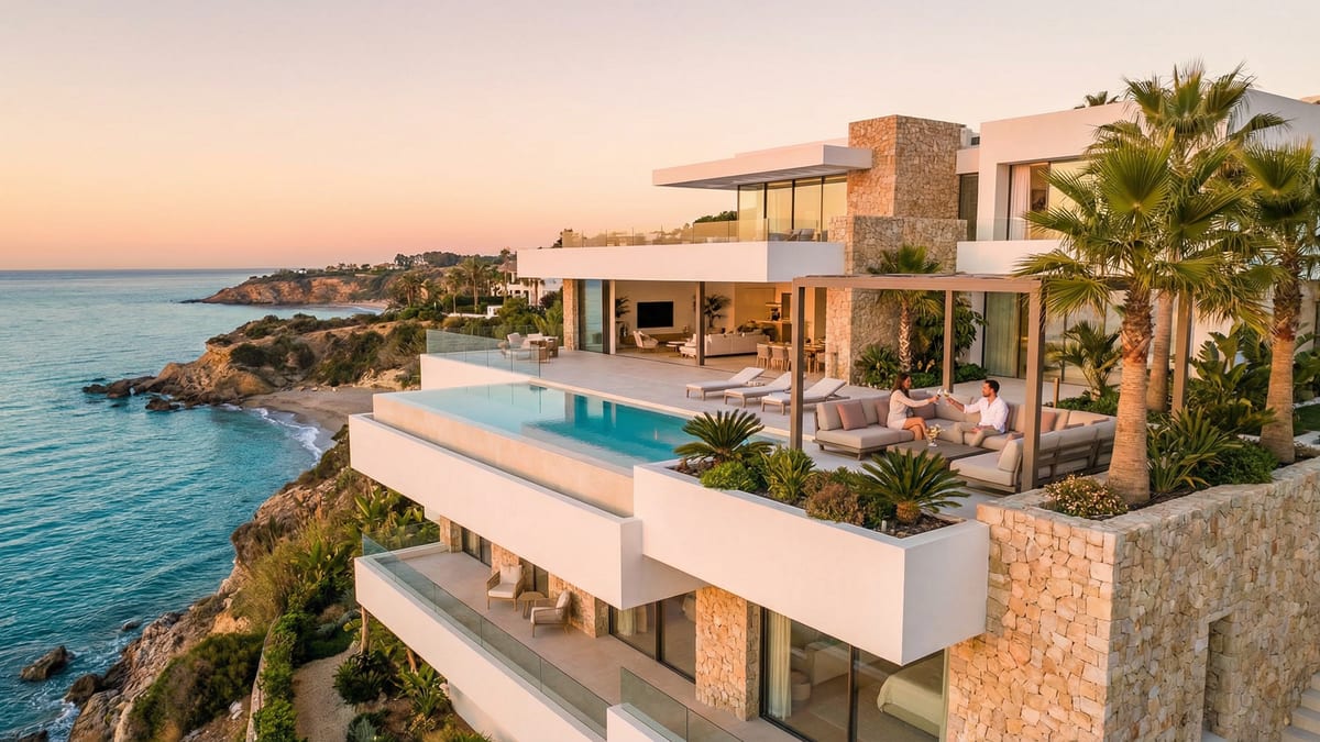 Légifelvétel a Costa del Sol luxus branded lakásáról, modern építészettel, végtelen medencével és gyönyörű terasszal.
