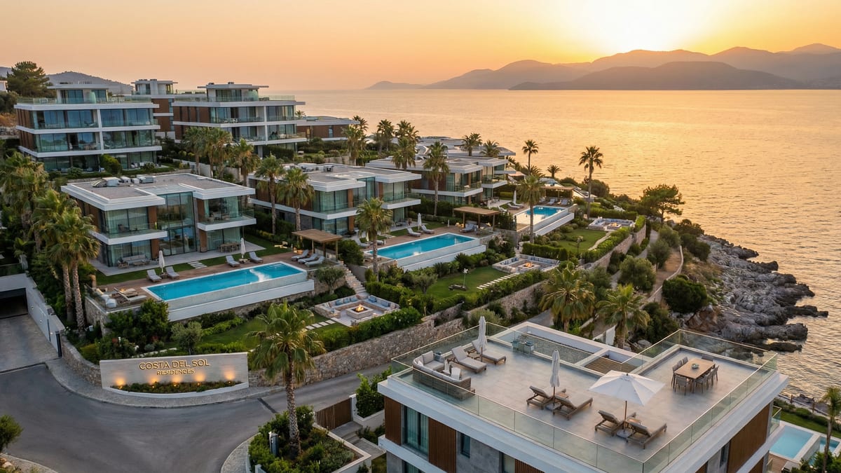 Aerial view of a luxurious branded residence on the Costa del Sol, featuring modern architecture, infinity pools, and lush landscaping at sunset.