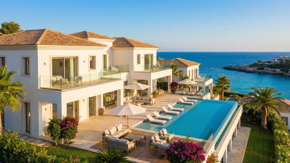 En betagende kystudsigt af en luksuriøs branded residence i Costa del Sol med elegant mediterransk arkitektur, infinity pool og palmer.