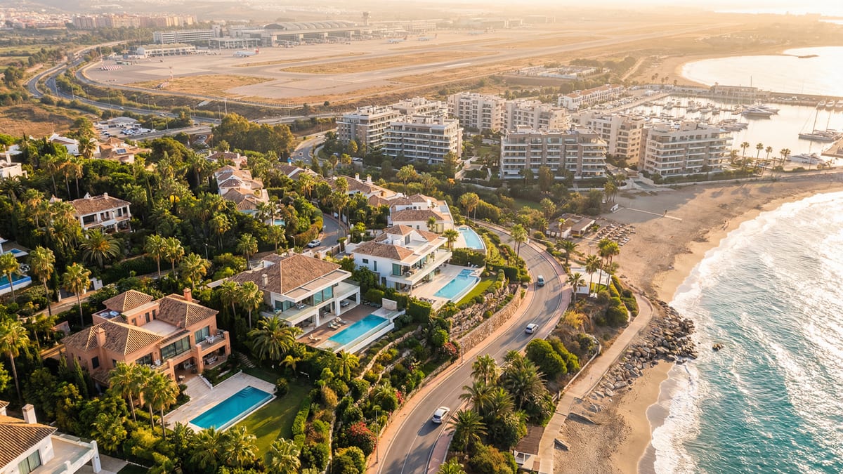 Vue aérienne impressionnante de la Costa del Sol avec des villas luxueuses près de l'aéroport de Málaga, illuminée par une lumière dorée.