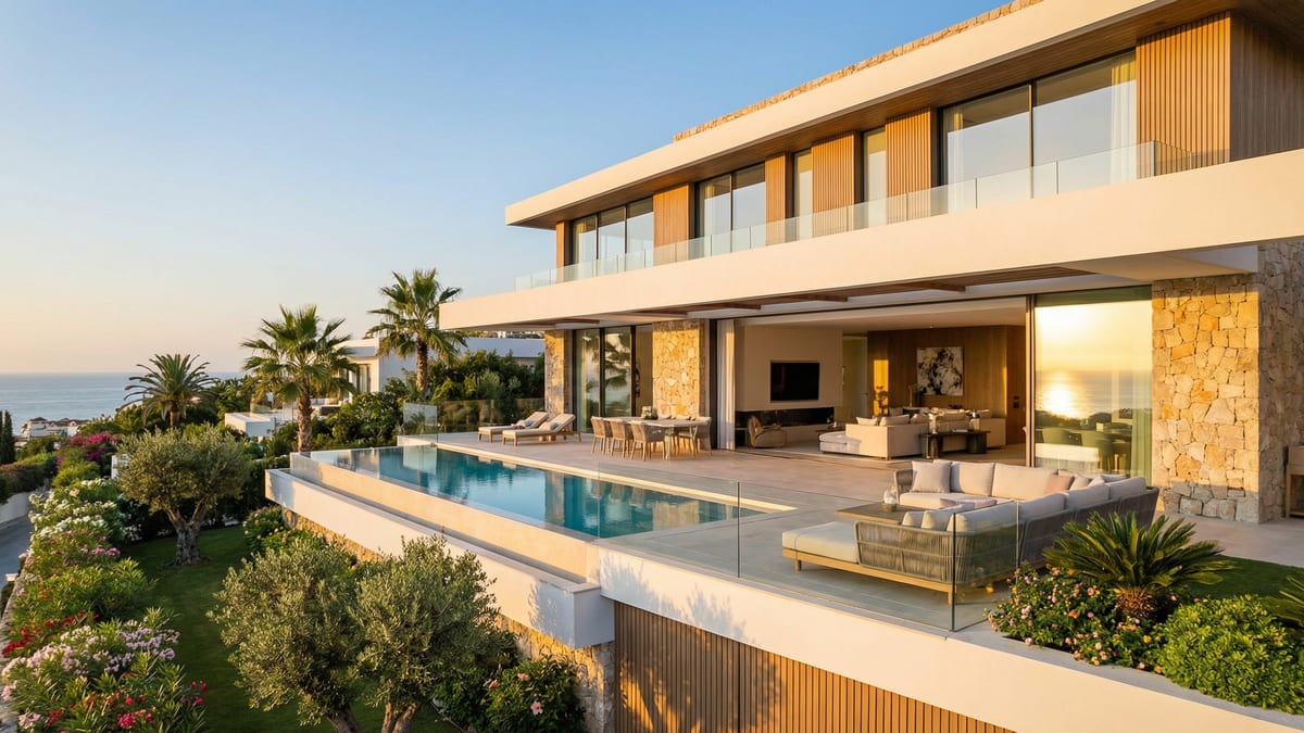 Új építésű ingatlan a Costa del Solon, Spanyolországban, modern építészeti stílussal és gyönyörű tengerparti kilátással.