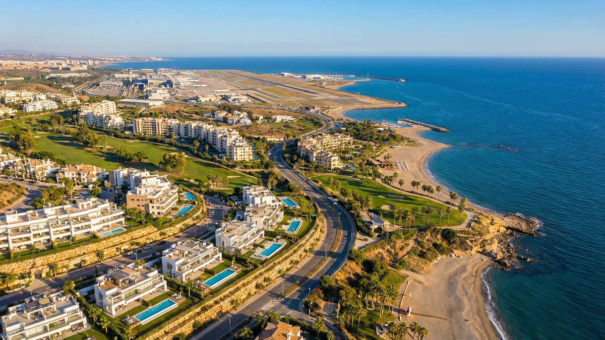 Aerial view of Costa del Sol coastline featuring luxury properties near Málaga-Costa del Sol Airport, vibrant Mediterranean landscape with beaches and golf courses.