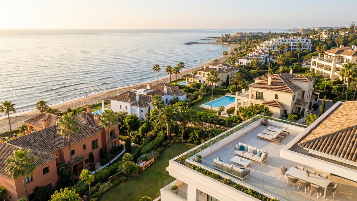 Aerial view of the Costa del Sol coastline in Spain, showcasing luxurious beachfront properties surrounded by palm trees and the Mediterranean Sea.