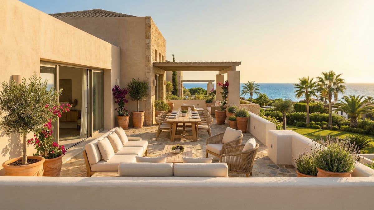 A stunning villa terrace in Costa del Sol with elegant furniture and a view of the Mediterranean Sea, showcasing luxury living.
