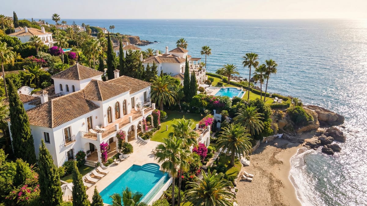 Vue aérienne à couper le souffle d'une propriété côtière sur la Costa del Sol, mettant en valeur des villas méditerranéennes élégantes entourées de verdure.