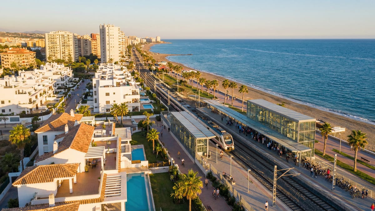 Vue aérienne spectaculaire de la Costa del Sol, montrant des bâtiments modernes le long du corridor Málaga-Torremolinos-Benalmádena-Fuengirola, avec la mer Méditerranée en arrière-plan.