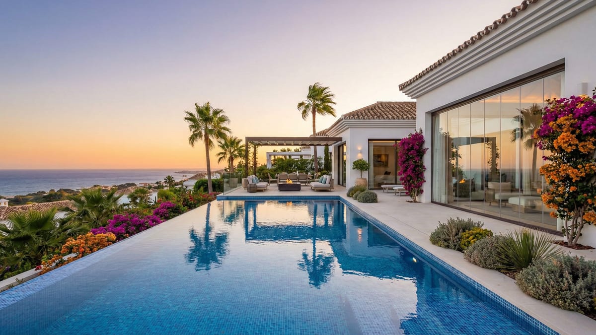 Nowoczesna willa na Costa del Sol z widokiem na ocean, z białymi ścianami, terrakotowym dachem i luksusowym basenem w zachodzącym słońcu.