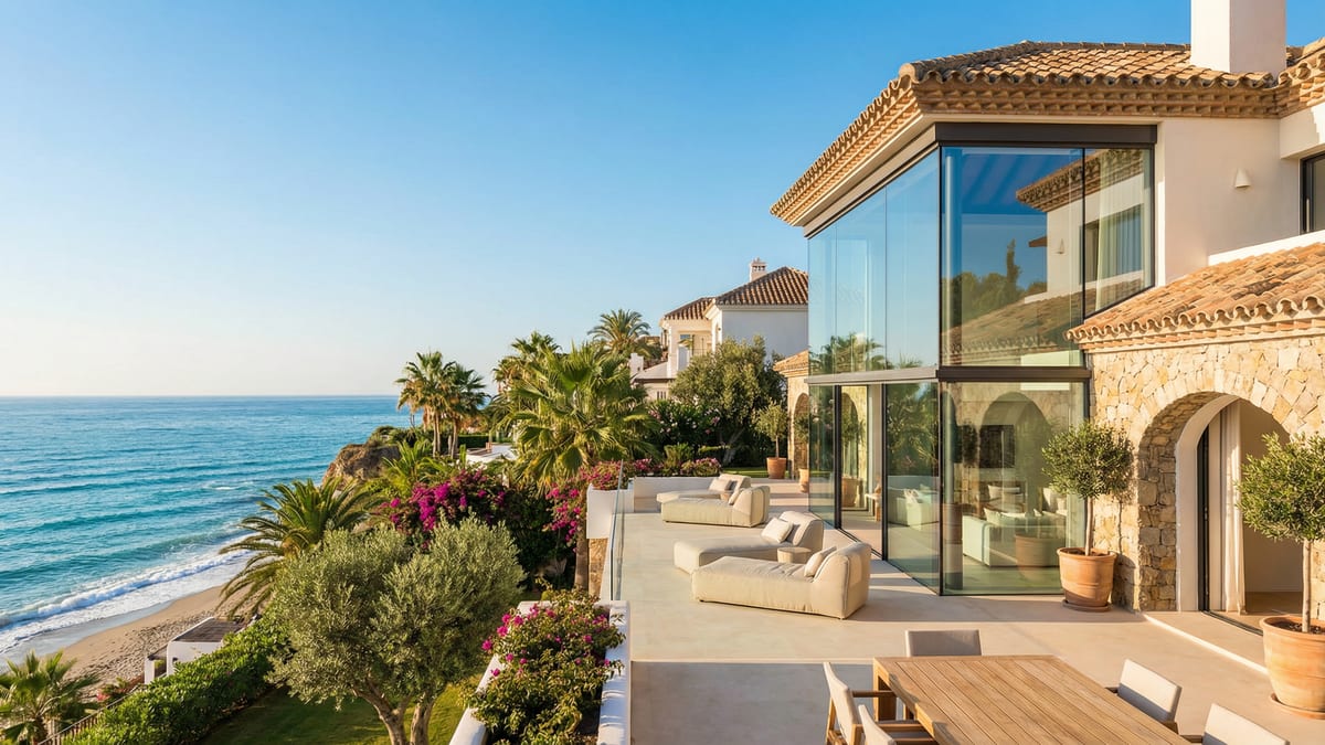 Moderni villa Costa del Solilla, jossa suuret lasi-ikkunat heijastavat sinistä taivasta. Taustalla Välimeri ja palmupuut.