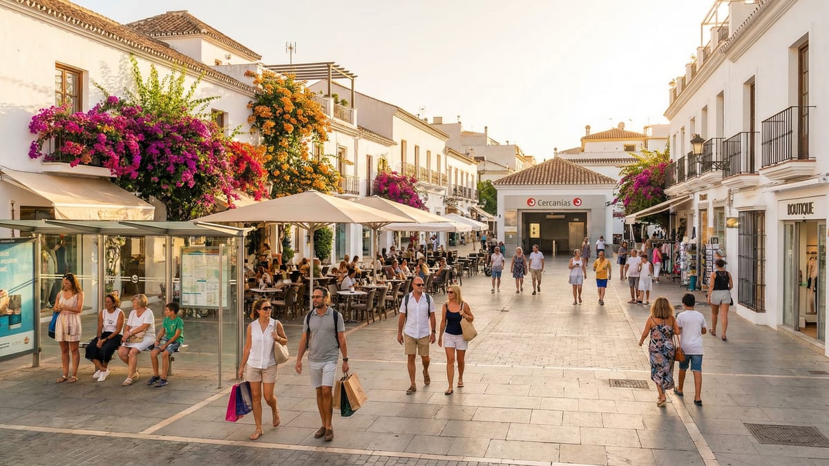 Livlig gade i en by på Costa del Sol med sollys, udendørs caféer, lokale butikker og folk, der nyder en bilfri livsstil.