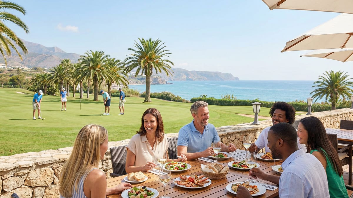 Zonnige golfbaan aan de Costa del Sol met spelers en vrienden die genieten van een lunch met uitzicht op de zee en palmbomen.