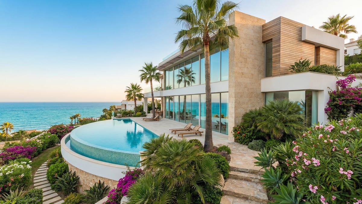Panoramisch uitzicht op luxe vastgoed aan de Costa del Sol met moderne architectuur, grote ramen, een infinity pool en een weelderige tuin.