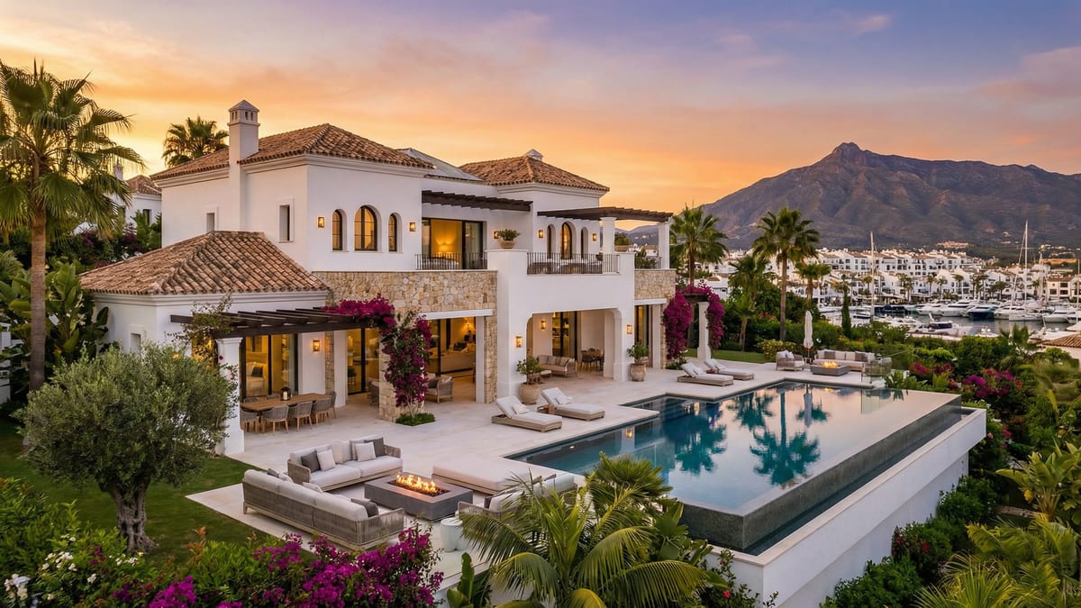 Prachtige luxe villa in Costa del Sol met mediterrane architectuur, infinity pool en uitzicht op de zonsondergang boven Puerto Banús en La Concha.