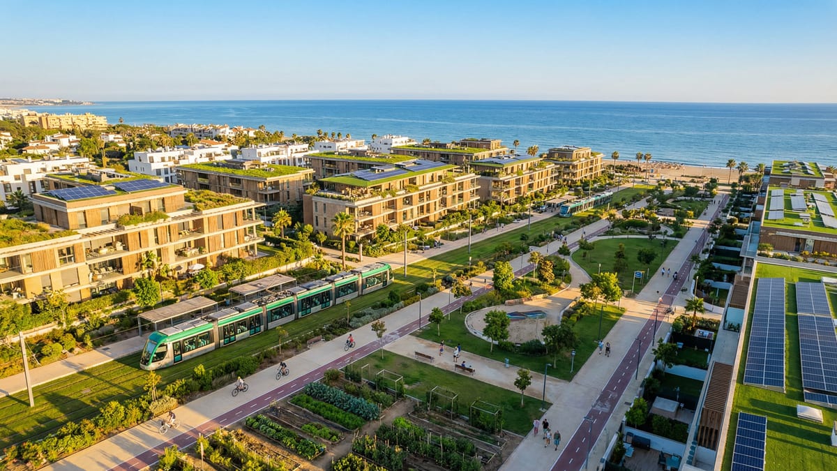 Luchtfoto van een modern, milieuvriendelijk wooncomplex aan de Costa del Sol, omgeven door groen en verbonden met openbaar vervoer zoals elektrische treinen.