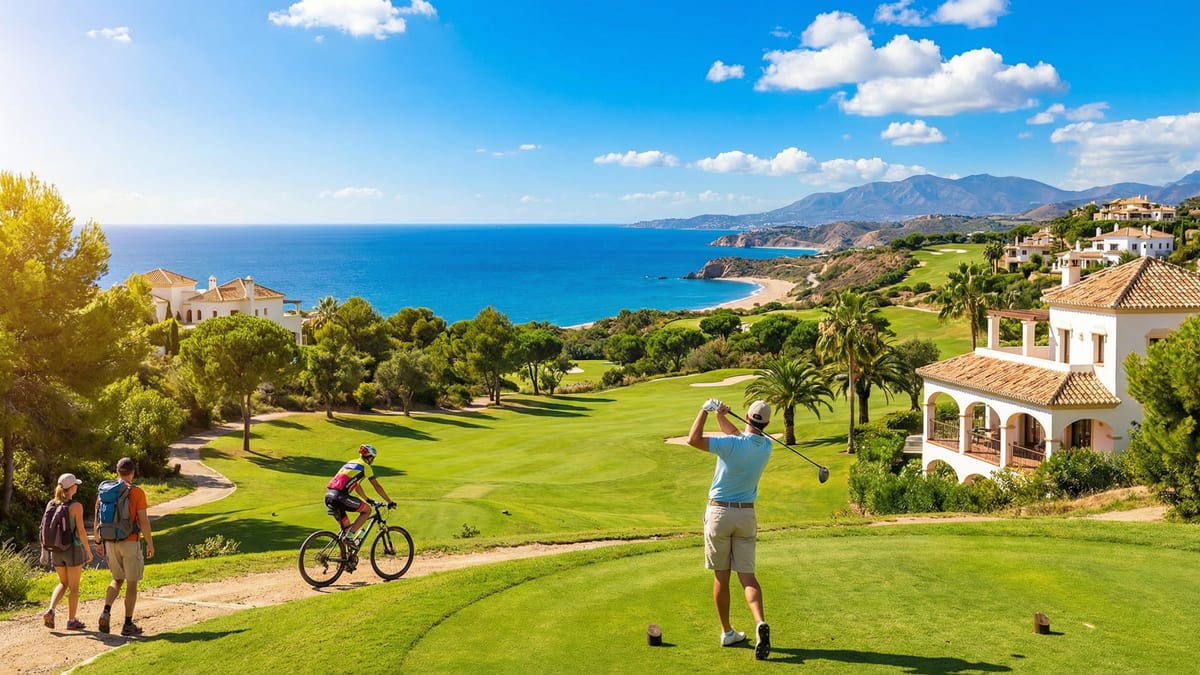 Een golfer slaat af op een prachtig golfveld aan de Costa del Sol met de Middellandse Zee op de achtergrond en actieve wandelaars en fietsers in het voorgrond.
