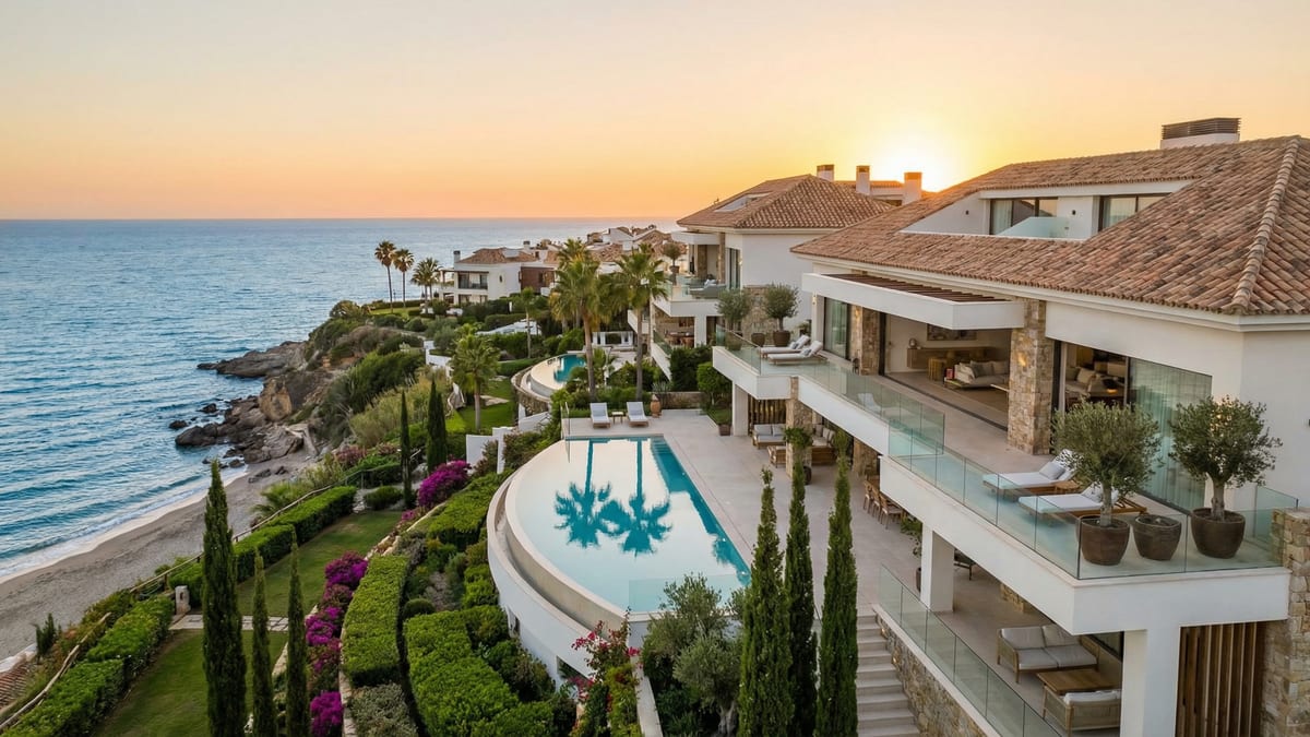 Luftbild av en lyxig varumärkesresidens i Costa del Sol med modern medelhavsstil, infinitypool och vacker trädgård.