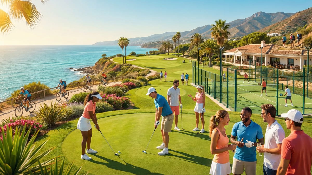 En livlig scen på Costa del Sol med personer som spelar golf, cyklar och spelar padel, omgiven av en vacker Medelhavskust och gröna golfbanor.