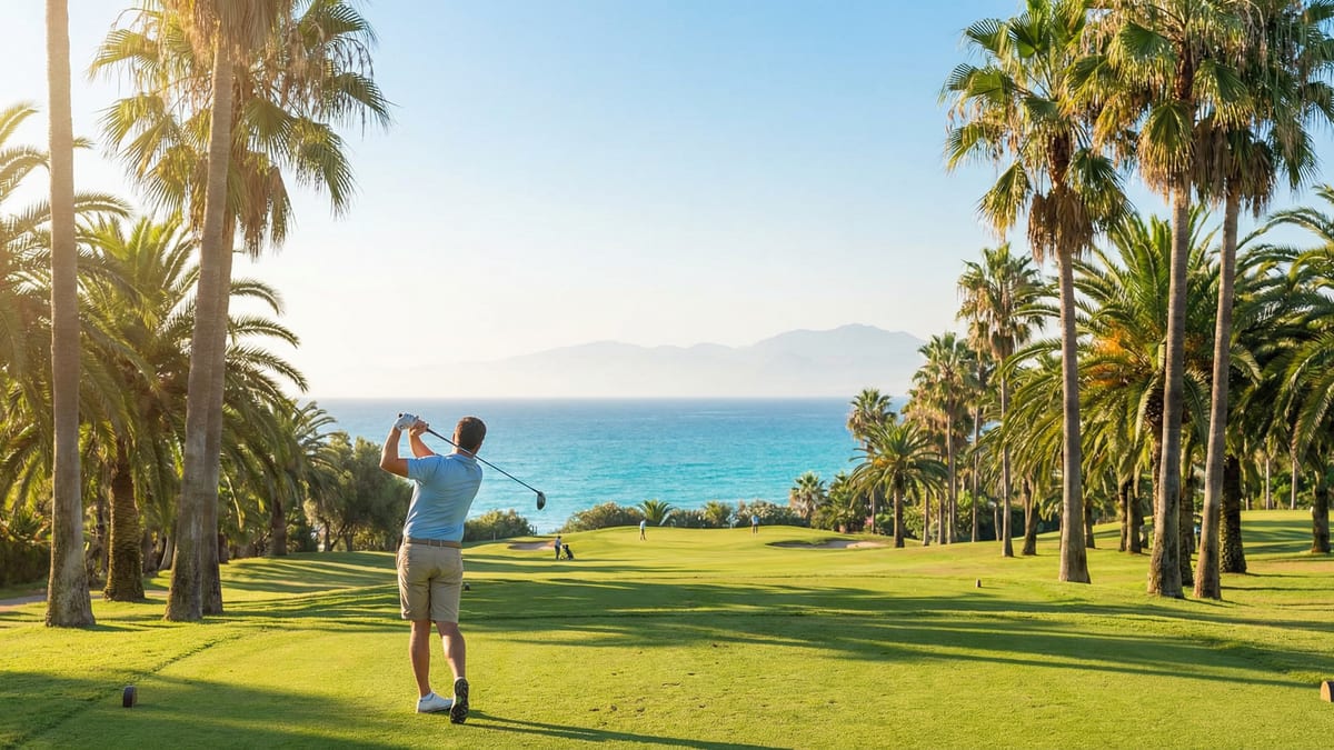 En solfylt golfbane i Costa del Sol med frodige fairways og palmer, en golfer svinger under en klar blå himmel, med Middelhavet i bakgrunnen.