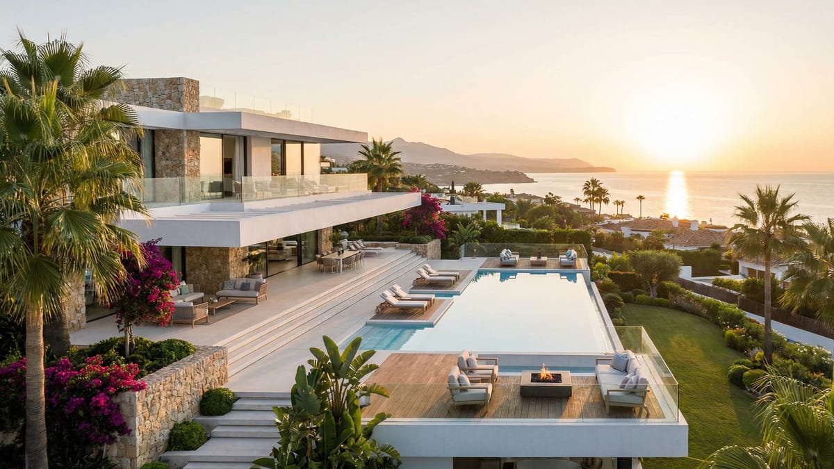 Moderne luksusbolig i Costa del Sol med elegant design, infinity-pool og solrige terrasser omfavnet af frodig vegetation.