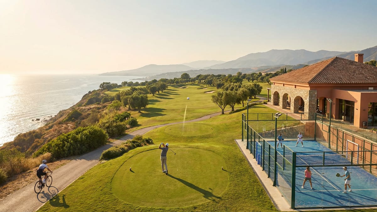 En golfer slår bolden på en solfyldt golfbane i Costa del Sol, omgivet af frodig vegetation og bjerge under en klar blå himmel. En cyklist og padelspillere ses i baggrunden.