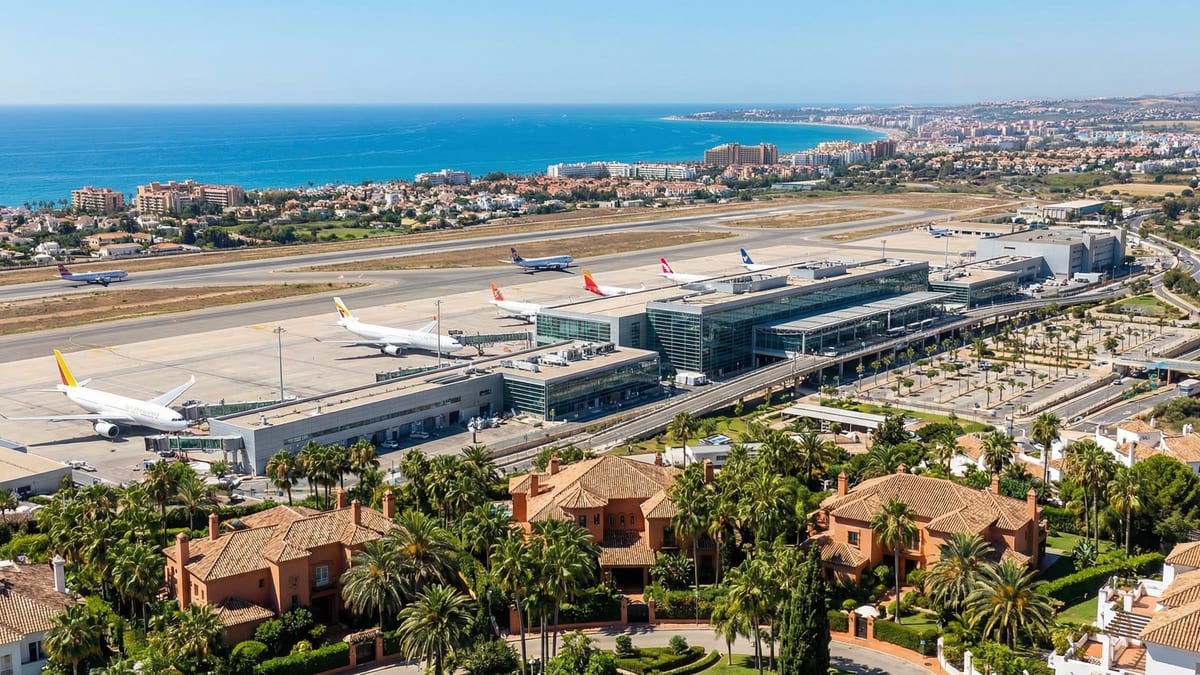 Luftaufnahme des Flughafens Málaga mit der Costa del Sol im Hintergrund, moderne Architektur, umliegende Villen und strahlend blauer Himmel.