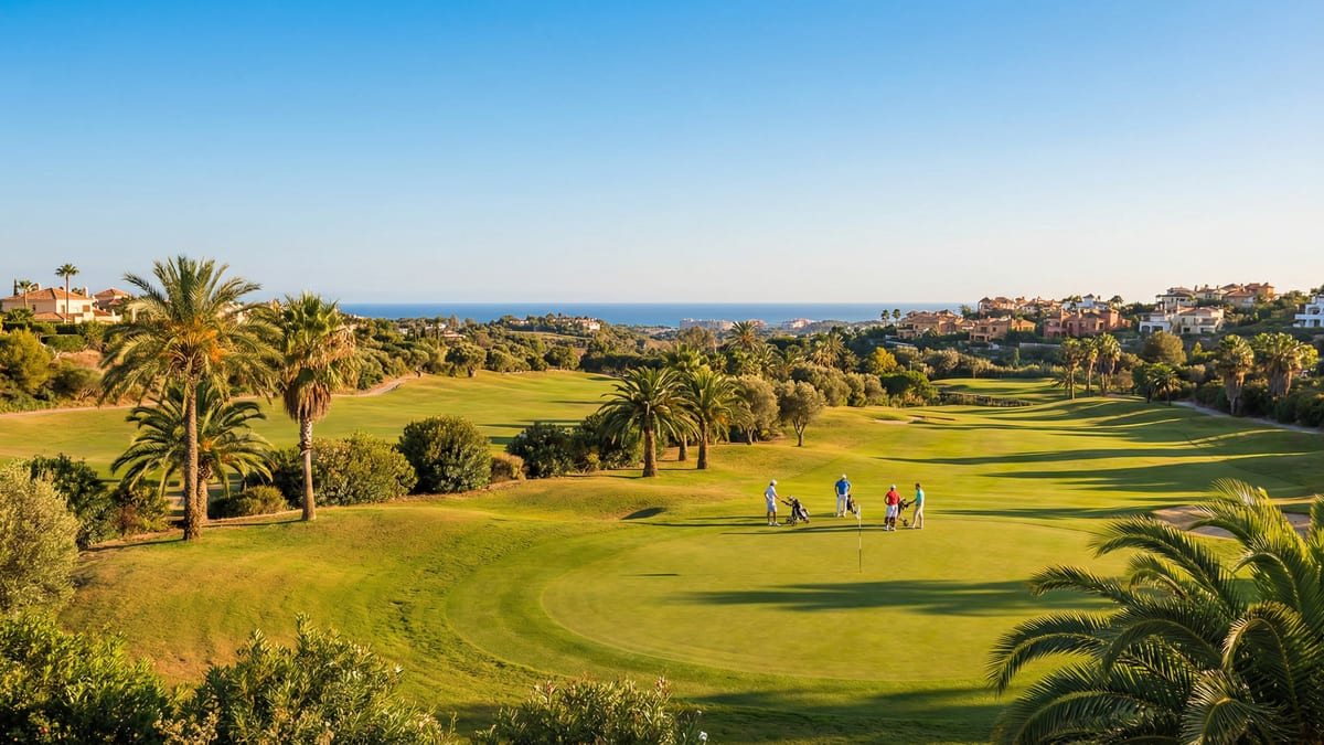 Blick auf einen sonnigen Golfplatz an der Costa del Sol mit gepflegten Grüns, Palmen und Golfern im Hintergrund unter klarem blauen Himmel.