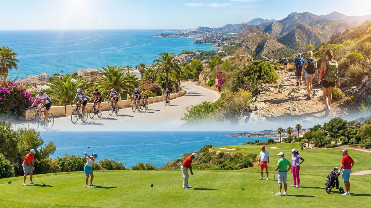 Des athlètes divers pratiquant le golf, le cyclisme et la randonnée sur la Costa del Sol, avec des montagnes en arrière-plan et un ciel bleu clair.