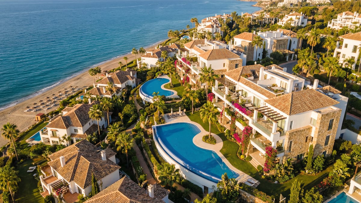Luftaufnahme eines luxuriösen Wohnkomplexes an der Costa del Sol mit mediterraner Architektur, dem blauen Meer und goldenen Stränden.