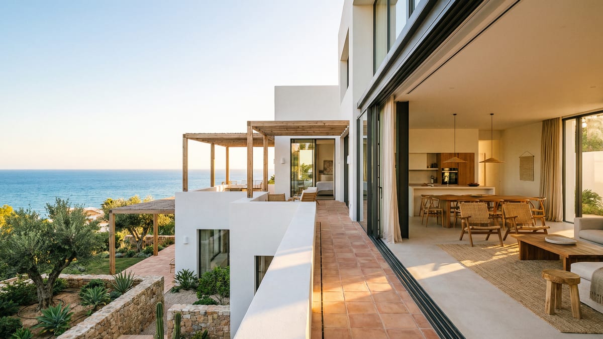 Moderne mediterrane Villa an der Costa del Sol mit weißen Wänden, großen Fenstern und einem atemberaubenden Meerblick.