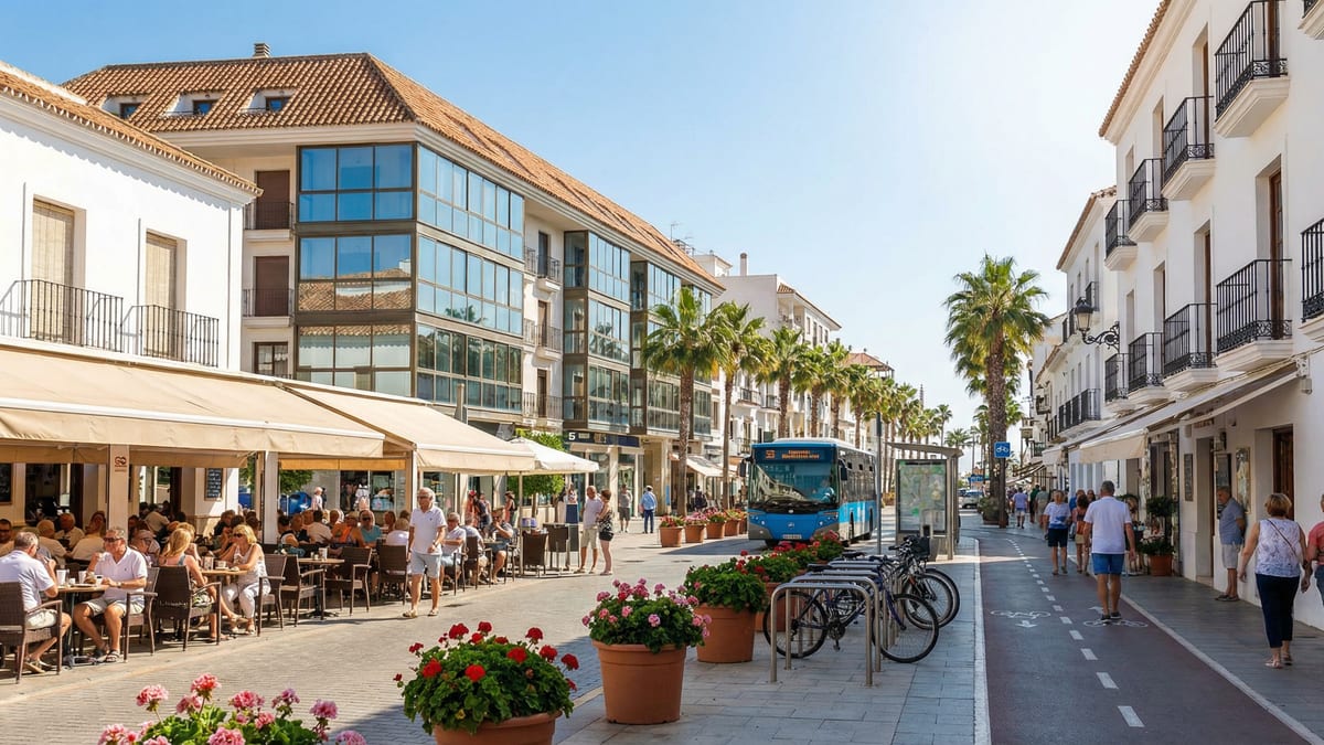 Belebte Fußgängerzone an der Costa del Sol mit modernem und traditionellem Architekturstil, Cafés, Palmen und öffentlichen Verkehrsmitteln.