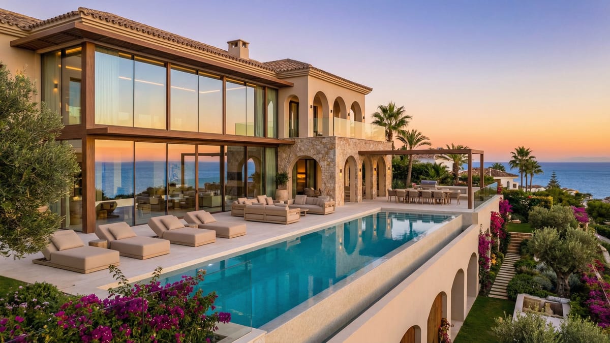Luxuriöse Villa an der Costa del Sol mit mediterraner Architektur, Infinity-Pool und atemberaubendem Meerblick bei Sonnenuntergang.