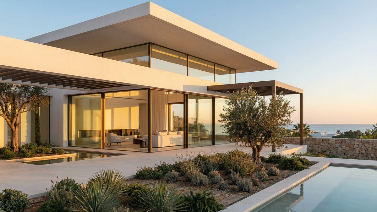 Moderne Villa an der Costa del Sol mit mediterraner Architektur, großen Fenstern und einem einladenden Innen-Außen-Bereich in goldenem Licht.